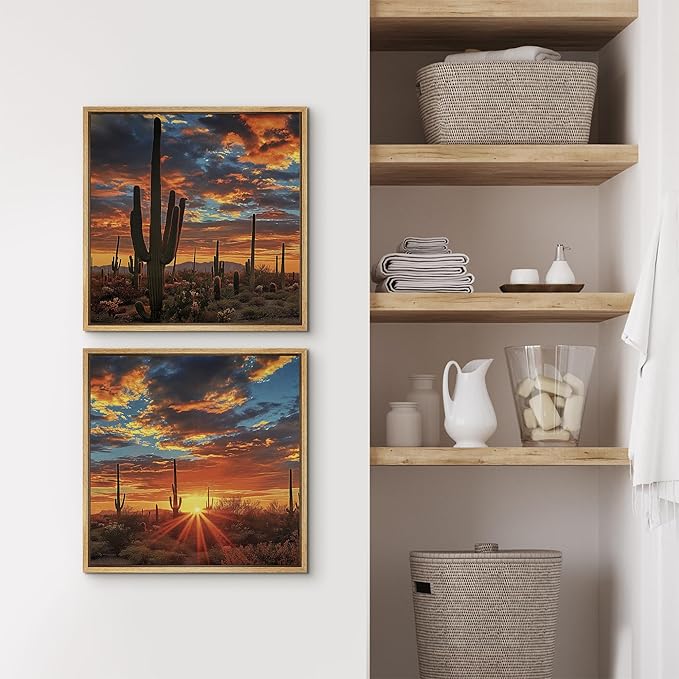 SIGNFORD Framed Canvas Print Wall Art Set Desert Sunset Cactus Artwork, Dramatic Sky Southwest Landscape Illustrations Modern Art Minimal Relax/Calm for Living Room, Bedroom, Office - 24"x24"x2 NATURAL