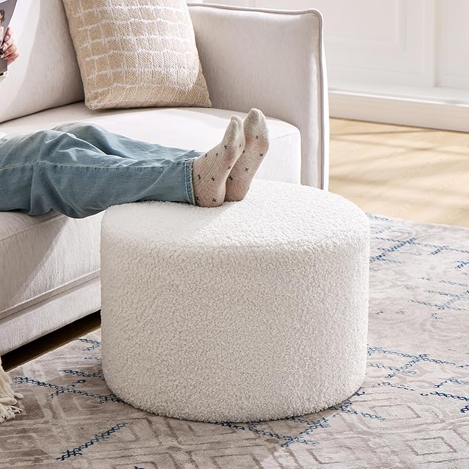 Flouki Pouf Ottoman Footrest, Foot Stools, Modern Round Upholstered Ottomans, Ottomans Pouffe, for Living Room, Bedroom, Entryway, Dorm, Selected Sherpa Fabric, White