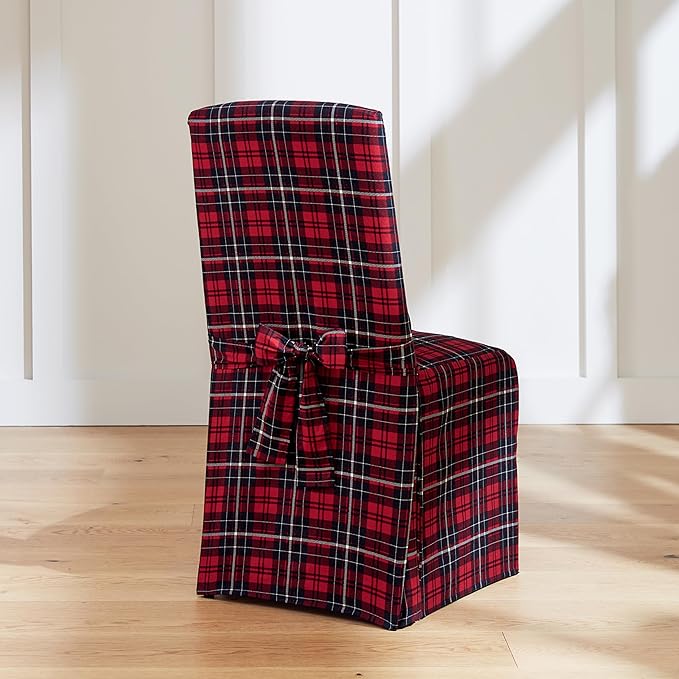 SureFit Cove Cotton Canvas Long Dining Room Chair Covers, Dining Chair Cover with 17 Inch Long Skirt and Corner Pleats, Removable and Machine Washable, Set of 2 Dining Chair Covers, Plaid