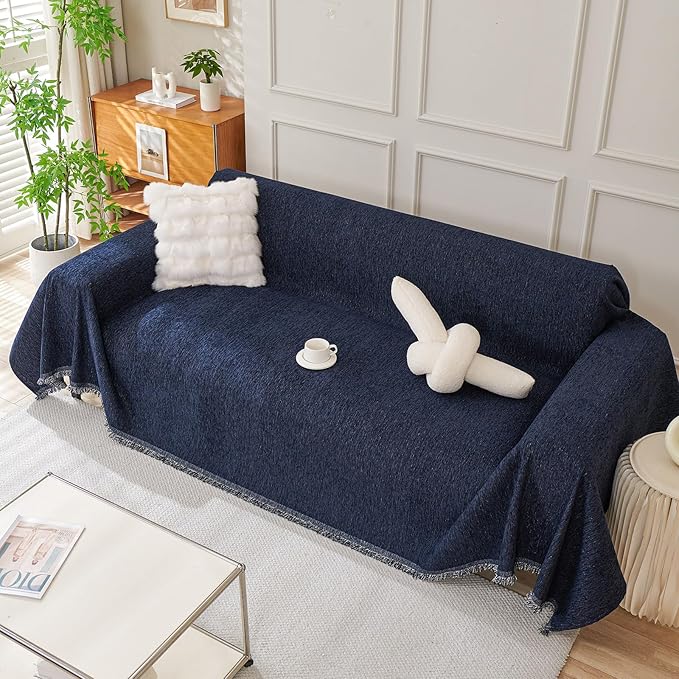DREAMINGO Navy Blue Couch Cover Thick Chenille Couch Cover Blanket for 3 Cushion Washable Pet Furniture Protector Extra Large Sofa Slipcover 71x150 Inch for 3 Seater Sofa