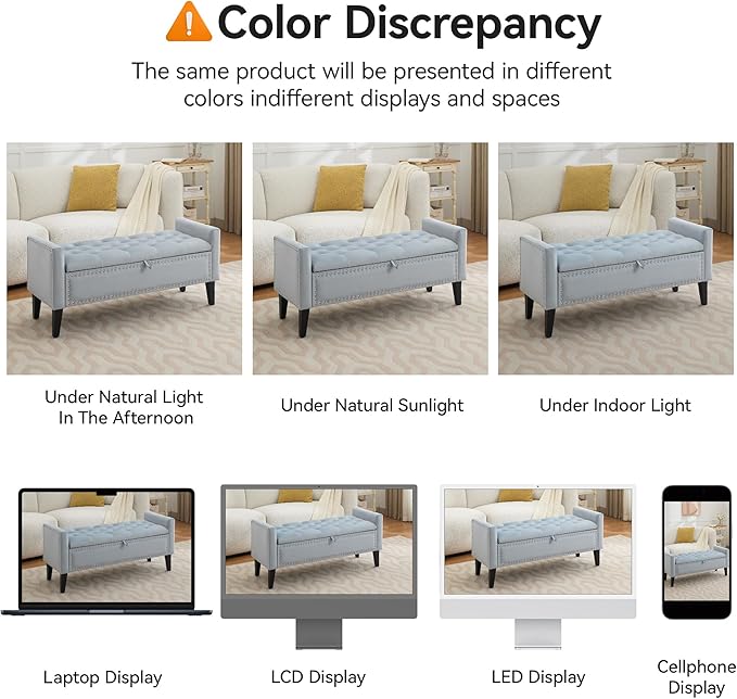 WUTUTUEE 47" Velvet Storage Bench, Upholstered Bed Bench with Storage, End of Bed Ottoman with Wooden Legs,Bedside Storage Bench for Bedroom, Living Room, or Entryway, Blue Grey
