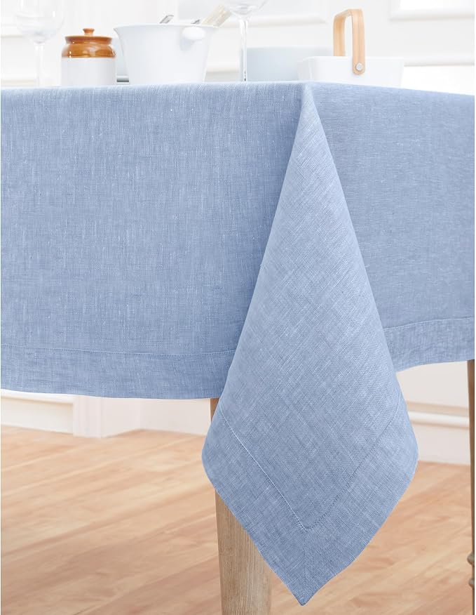 Solino Home Linen Tablecloth 60 x 144 Inch - 100% Pure Linen Chambray Blue Table Cloth for Rectangle Tables - Athena, Machine Washable Tablecloth for Summer