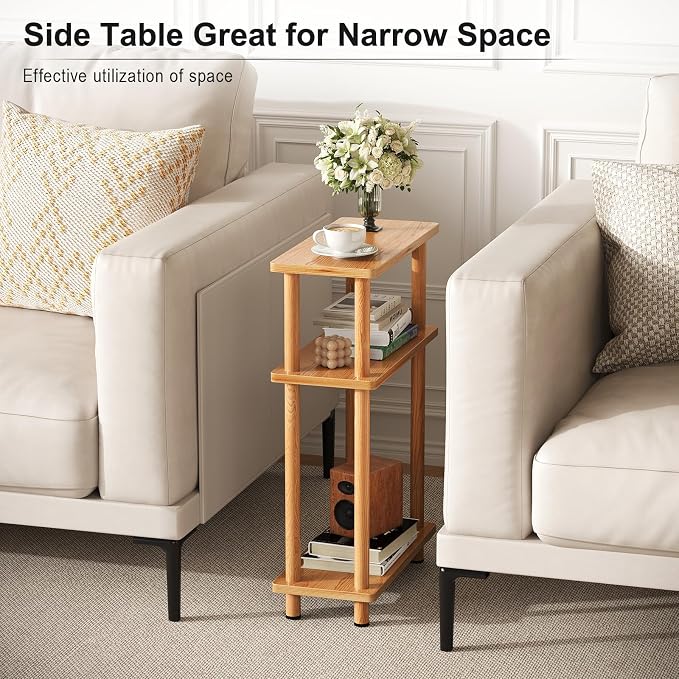 Apicizon Small Narrow Side Table, 3-Tier Skinny End Table for Small Spaces, Slim Nightstand with Storage Shelf, Bedside Table for Living Room, Bedroom, Natural