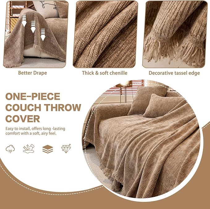 DREAMINGO Chenille Sofa Cover Washable Pet Couch Protector Cover Textured Couch Cover Blanket for Living Room Modern Minimalist 2-Seater Sofa Slipcover, Mocha Brown, Large 71"x118"
