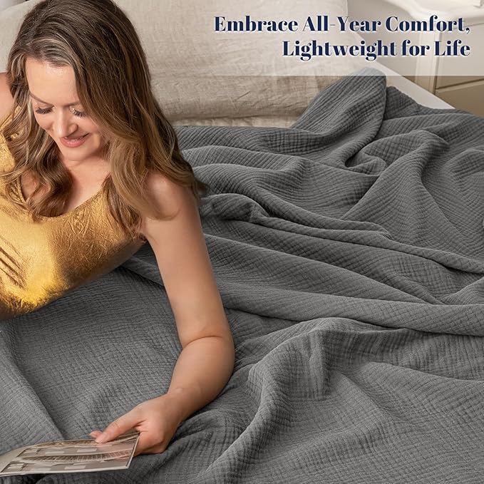 PHF 100% Cotton Muslin Blanket Queen Size 90"x90", 4-Layer Lightweight Gauze Throw, Breathable Cloud-Soft Minimalist Blanket for Bed, Couch, Camping, Greyish Black/Charcoal, Ideal Gift