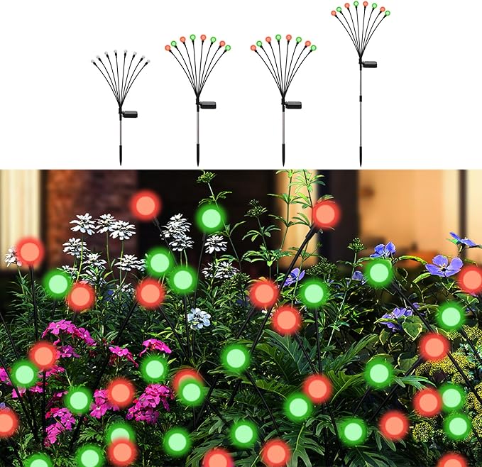 Solar Firefly Lights Red and Green, 4 Pack 800mAh Swaying Firefly Garden Lights Solar Powered Outdoor Waterproof for Yard Patio Lawn Pathway Walkway Stake Christmas Decor (Red & Green 4Pack)