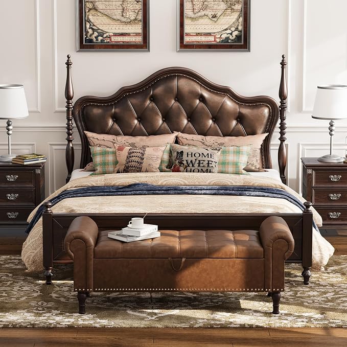 Apicizon 51” Bench with Storage, Upholstered Tufted Button Bedroom Bench with Storage, Faux Leather Ottoman Bench for Bedroom, Living Room, Entryway, Yellow Brown