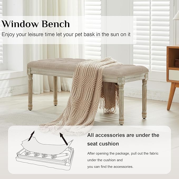 LOULENS 43.9" Linen Fabric End of Bed Bench, Vintage French Upholstered Button Tufted Entry Bench, Window Seat with Carved Wood Legs for Bedroom, Living Room, Entryway, Foyer, Hallway, Light Brown