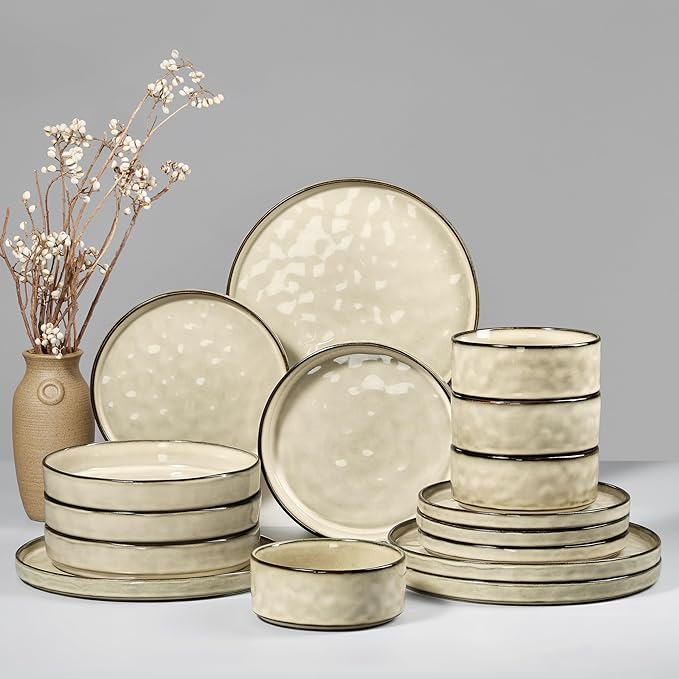 HaWare Dinnerware Sets, 16-Piece Plates and Bowls Set, Stoneware Dish Set for 4, Ceramic Dishware Set for Pasta Cereal, Chip and Scratch Resistant, Microwave and Dishwasher Safe, Saturn Khaki
