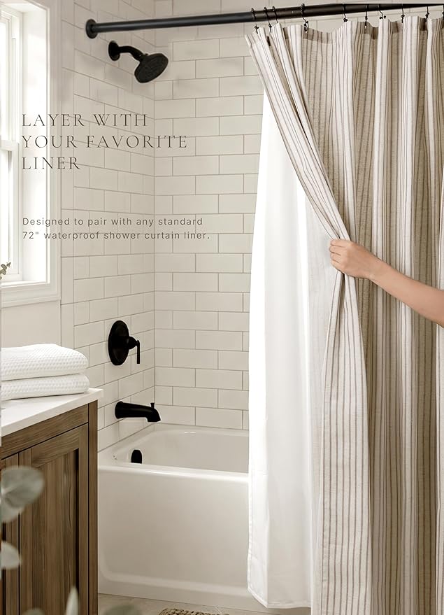 Farmhouse Striped Shower Curtain - 72x84 Inches, Linen Blend Fabric, Breathable & Machine Washable, Rustic Taupe for Bathroom Decor (Hooks/Liner Not Included)