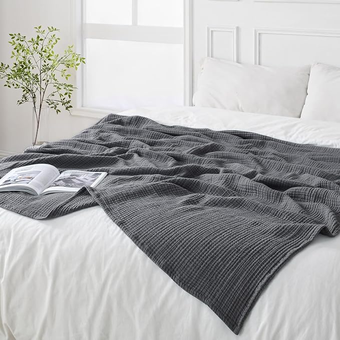 Esterra Muslin Twin Size Cozy Soft Lightweight Pre-Washed Cotton Blanket, All Season Breathable 4-Layer Gauze Blanket Throw for Couch Bed, Dark Gray, 66x90 Inches