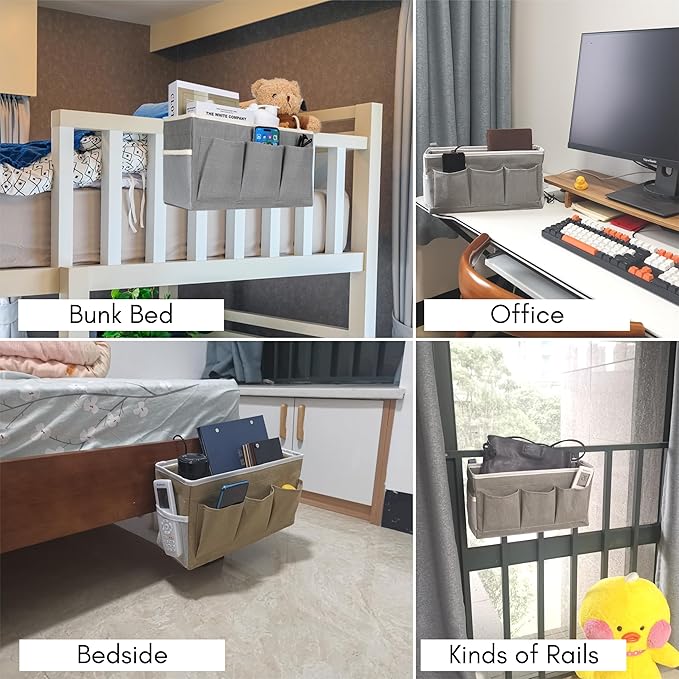 Kanrichu Bedside Caddy Hanging Storage Bag, Organizer Baskets with Pockets for Bunk Bed Accessories, Loft & Dorm Rooms Chair Bed Rails (Gray_1pcs)