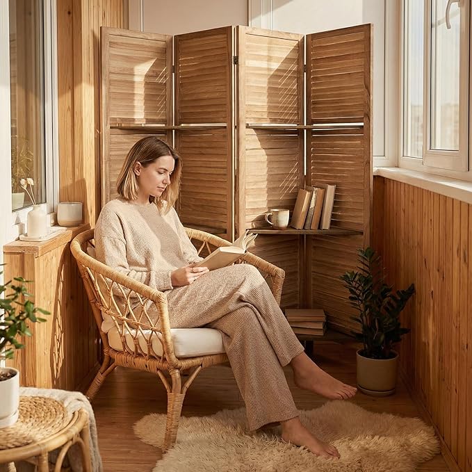 Bluecat 4 Panel Folding Room Divider with Shelves, Portable Lightweight Privacy Screen for Bedroom Home Office, No Assembly Required, Brown