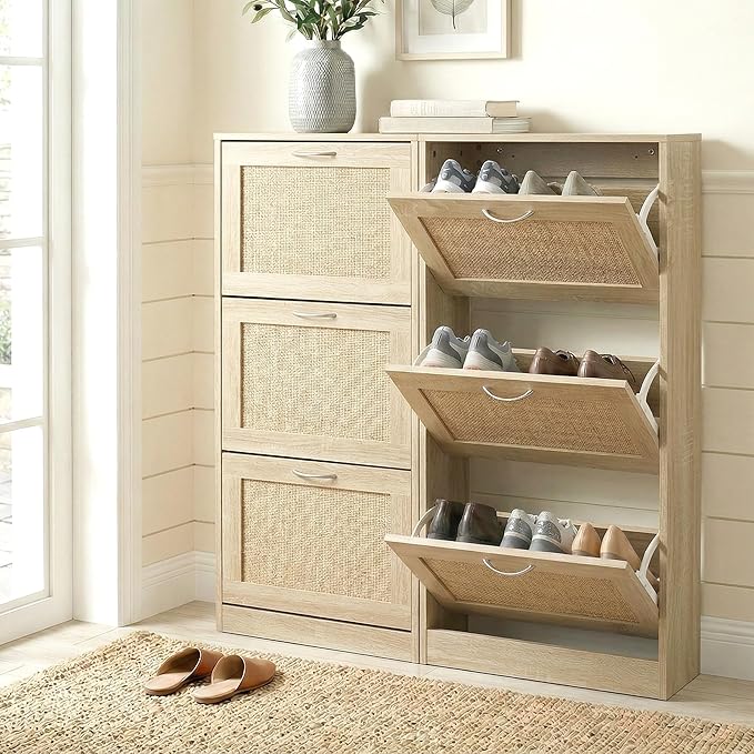HOPUBUY Rattan Shoe Cabinet for Entryway, Narrow Shoe Storage Cabinet with 3 Flip Drawers, Hidden Shoe Cabinet Wood 3 Tier Slim Shoe Rack for Home and Apartment, Nature | Shoe Storage Cabinet, Hidden, Shoe Cabinet Wood, Slim, Shoe Rack