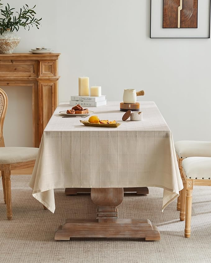 ZeeMart Linen Checked Table Cloth 52x70 Inches (Fit 3ft-4ft, Narrow Fit for 5ft Rectangle Table), Farmhouse Style Plaid Embroidered Water Resistant Table Cover, Beige
