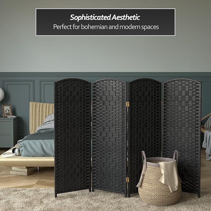 Red Lantern 4 ft. Short Diamond Weave Fiber Folding Screen - Black - 4 Panel