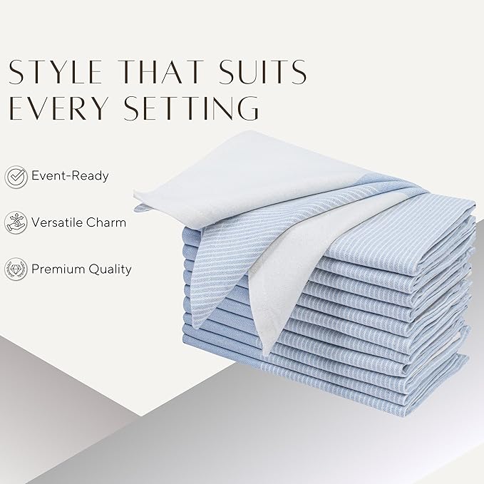 Palisa 100% Cotton Cloth Dinner Napkins [Pack of 12, Light Blue] Striped Pattern Reusable Table Linen Napkins for Home & Kitchen | Parties & Farmhouse Dining Décor 18x18 Inch
