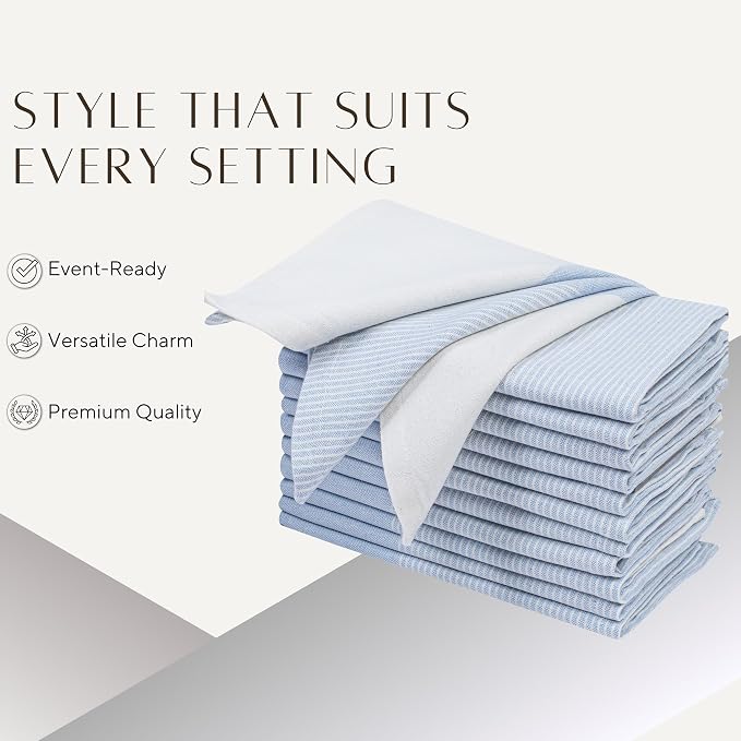 Ramanta Home Cloth Napkins Set of 4 18x18 Inches - Spring Basket Decor Block Striped Dinner Napkins for Easter Farmhouse Wedding, Washable Soft Cotton Durable Table Linen -Everyday Use - Light Blue