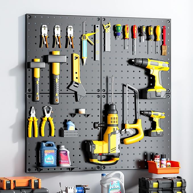 Peg Board, 68PCS Heavy Duty Metal Pegboard with Hooks, 4 Pack Black Peg Board Panels, 50lbs Load Capacity Each, Pegboard Wall Organizer for Garage, Workshop, Craft Rooms Total 24” x 24”