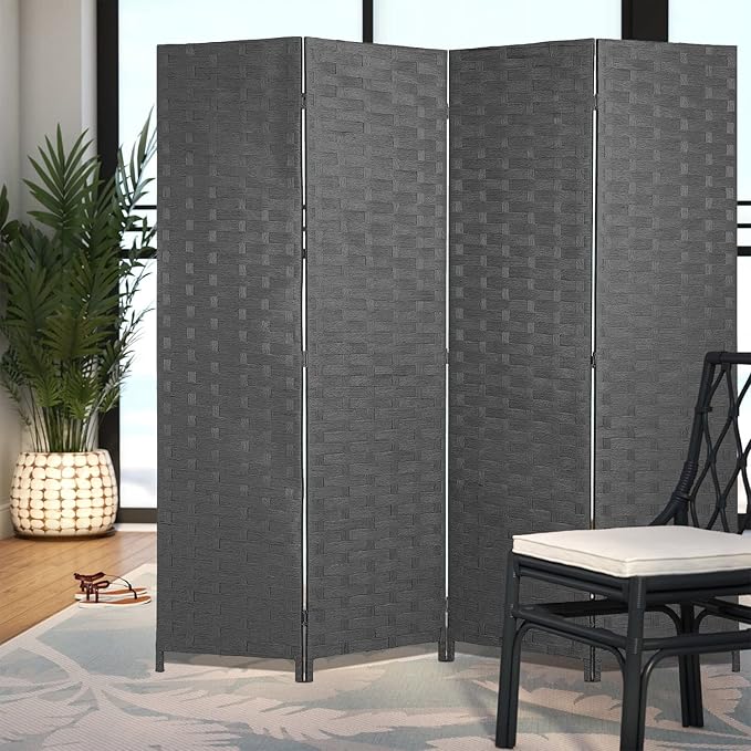 FDW Room Divider Wood Screen Mesh Woven Design Folding Portable Partition Screen Wood for Home Office (4 Panel, Gray)