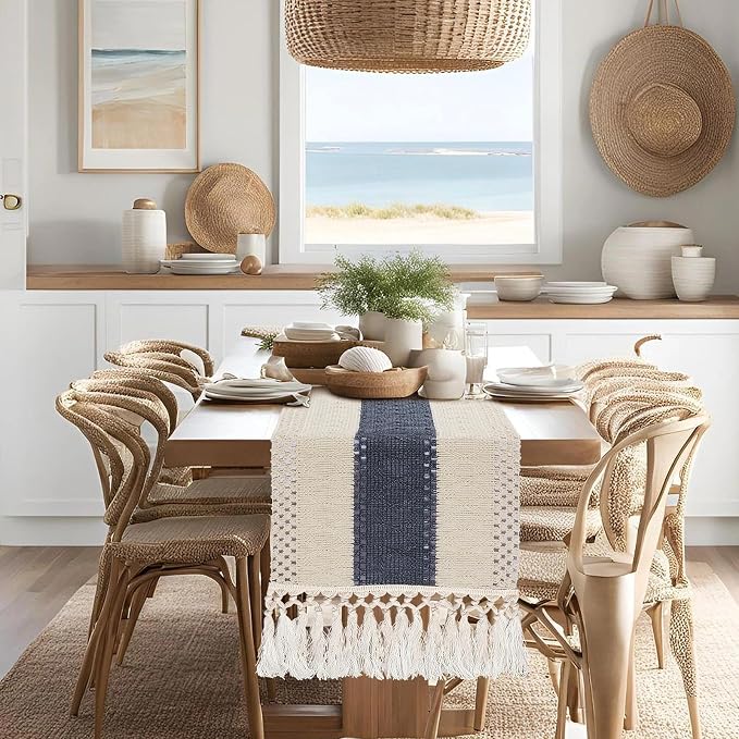 yuboo Boho Macrame Dresser Runner, Navy Blue Coffee Table Runner Short, Rustic Summer Coastal Table Runner Farmhouse Style for Nightstand, End Table, Desk Table, Bohemian Dresser Decor, 48 Inches Long