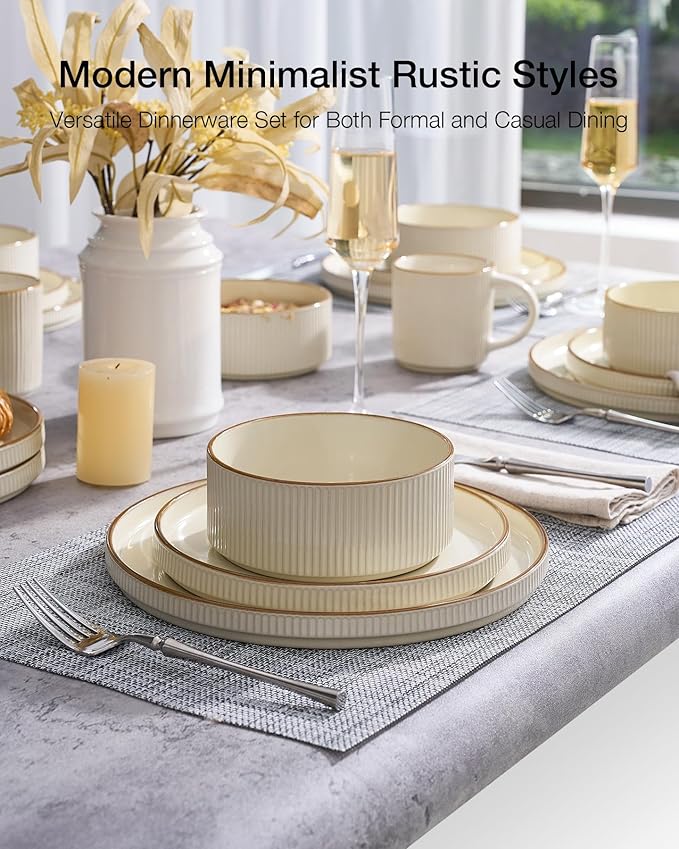 Famiware Star 18-Piece Stoneware Plates and Bowls Sets, Service for 6, Ceramic Dinnerware with Trim, Modern Rustic Dishes for Everyday/Formal, Chip/Scratch Resistant, Microwave/Dishwasher Safe, Cream