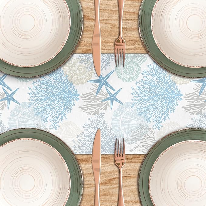 Coastal Table Runner 13x90 Inch Blue Summer Beach Nautical Table Runners Modern Kitchen Dining Table Decor Rustic Coffee Table Dresser for Home Holiday Party Decor (13"x90", Coastal)