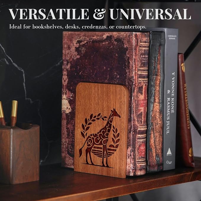 INNObeta Decorative Wooden Book Ends, Animal Bookends, Heavy Duty Bookends for Shelves Unique Design(1 Pair, 4.72x6.69 Inches) - Giraffe
