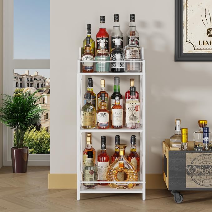 KLM Liquor Bottle Display Shelf, Liquor Cabinet bar for Home, 4 Step Liquor cabinetck, Mini bar,Liquor Cabinet, Home Retro Bar Shelf Stand for Liquor Whiskey, Spirits. (White)