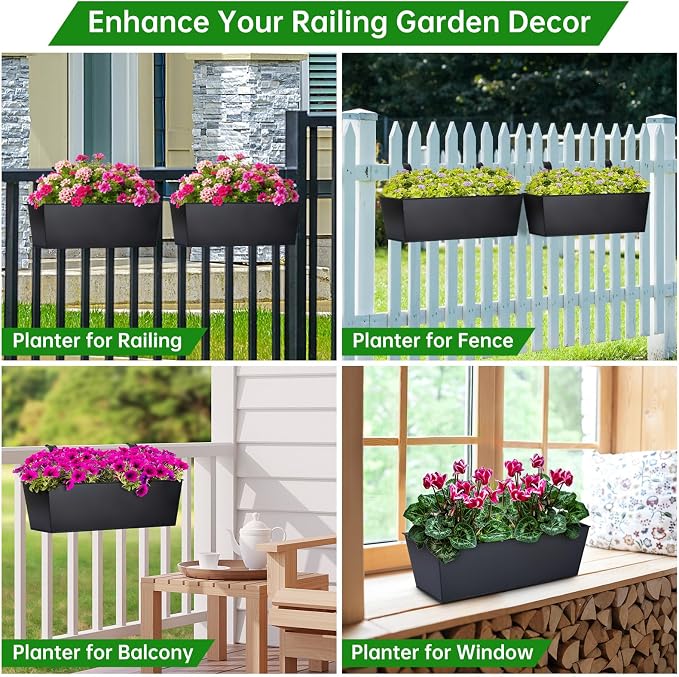 OGIMA 16-Inch Railing Planter Box, 3 Pack Large Hanging Planters for Outdoor Plants with Detachable Wide Hooks for 2.7'' Railings - Balcony Planters Railing Hanging for Deck, Fence & Patio Decor