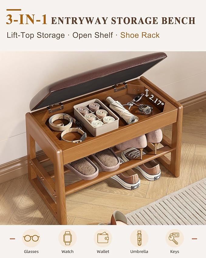 Shoe Rack Bench with Hidden Storage, 2-Tier Solid Rubberwood Entryway Bench with Soft Leather Cushioned Seat & Flip-Top Storage, 330lbs Capacity, Wooden Shoe Organizer for Hallway, Closet, Foyer
