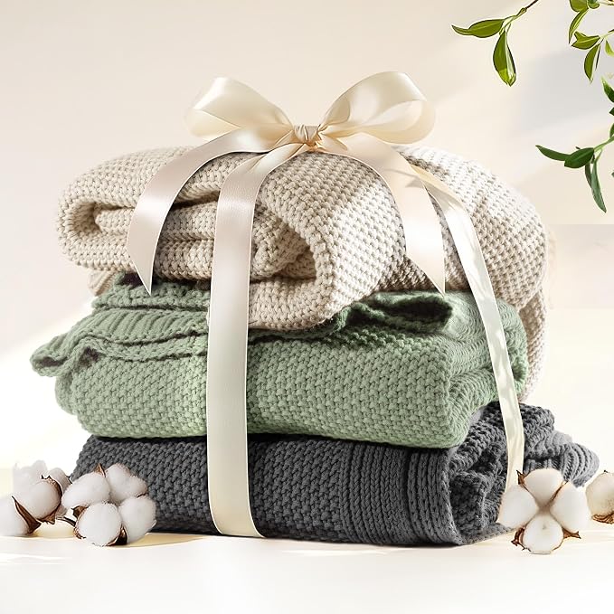 100% Cotton Cable Knit Throw Blanket, Large Lightweight Soft Knit Blanket for Sofa Couch Bed, Breathable All-Season Throw, Cozy Decorative Blanket, 60 x 80 Inch,Sage