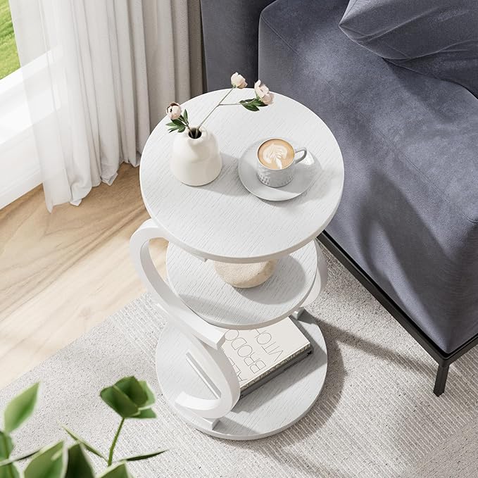 JUSTOGO Small Round Side Table, 3-Tier End Table for Living Room, Vintage Nightstand for Small Spaces Sofa Couch Corner Bedside Bedroom, S-Shaped Wood Accent Table Matel Coffee Table, White