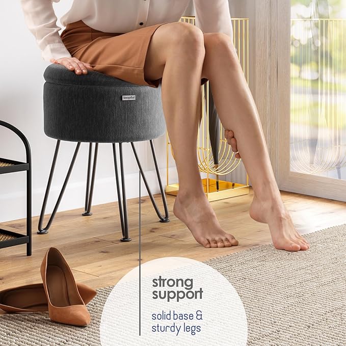 Round Ottoman with Storage, Textured Velvet Storage Ottoman, Foot Stool Ottomans, Makeup Vanity Stool, Small Ottomans Foot Rest, Modern Vanity Stools for Living Room and Bedroom, Grey