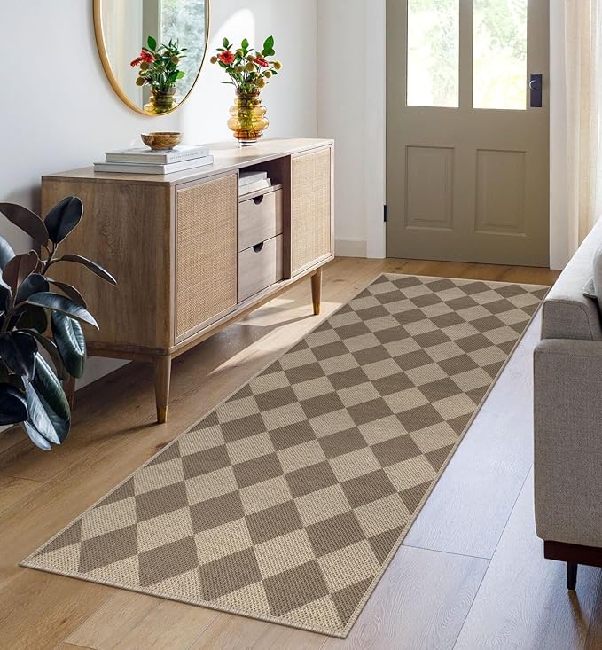 Rugalia Easy Jute Checkered Runner Rug, 2x6 Brown Modern Washable Rugs Runner for Hallway Non-Slip Long Kitchen Rug, Geometric Diamond Indoor Outdoor Carpet for Porch Laundry Entryway