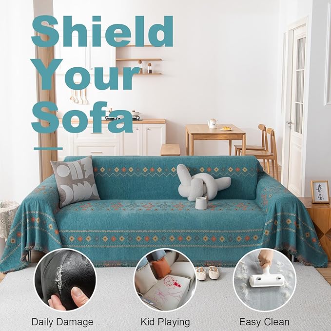 VClife Boho Couch Cover Green Geometric Jacquard Pattern Sofa Cover, 1 Piece Large Couch Covers for 3 Cushion Couch Sofa Washable Plush Chenille Sofa Protector for Living Room, 71x150 Inch