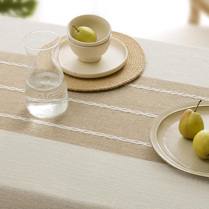 Softalker Outdoor Tablecloth Rectangle, Waterproof Linen Cotton Farmhouse Table Cloths with Tassel, Heavy Weight Wrinkle Free Boho Table Cover for Picnic Camping Dining - 55 x 102 Inch, Coffee Lines