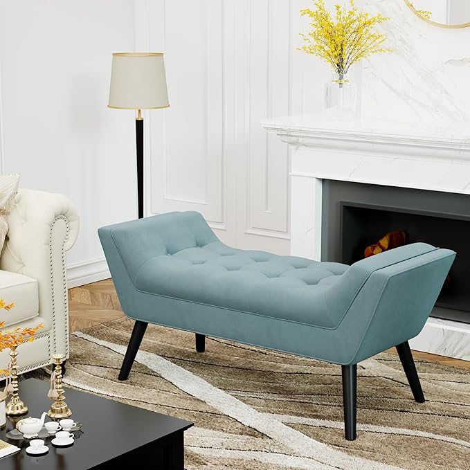 Alunaune Blue Velvet Tufted Ottoman Bed Bench, Upholstered Entryway Bench for Bedroom Storage Footstools with Wood Legs-2 Seater