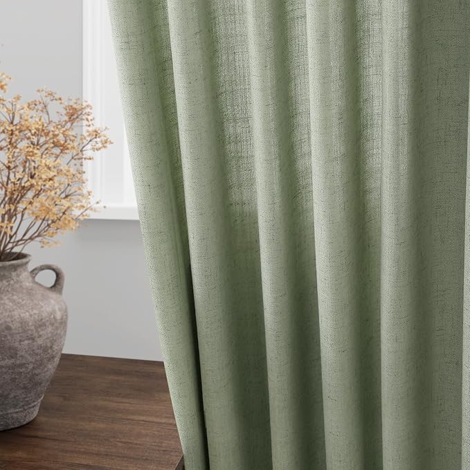 Nanspring Light Sage Linen Curtains 96 Inches Long 2 Panels Set for Living Room Rod Pocket Back Tab Semi Sheer Light Filtering Protect Privacy Pale Green Curtain for Bedroom Floor Length 52x96