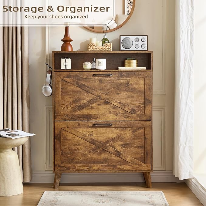 Joaxswe Shoe Cabinet Storage for Entryway with 2 Flip Drawers 2 Hook Open Storage Layer Rack Narrow Organizer Slim Hidden Wood Shoe Cabinet Furniture Rustic Brown