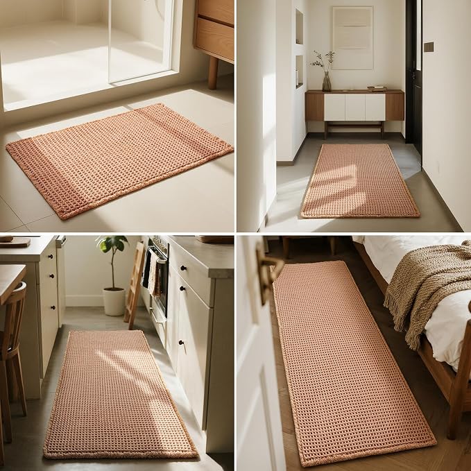 Triohero Waffle Bath Mat, Boho Bathroom Rugs Non Slip Washable, Ultra Soft Super Absorbent Quick Dry Farmhouse Bathroom Decor, 20" x 30", Light Peachy