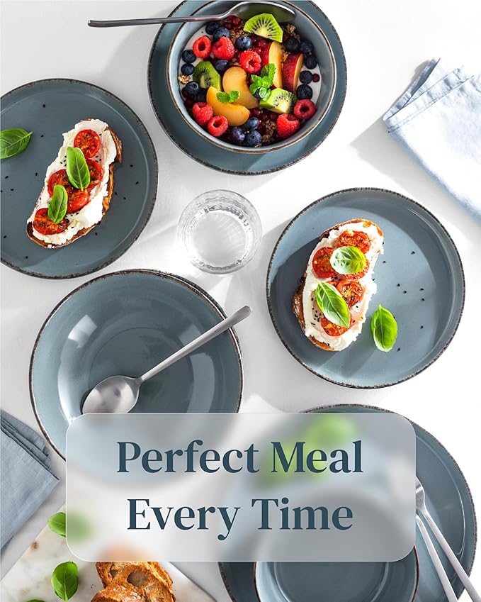 16 Piece Stoneware Dinnerware Set for 4 - Handmade Reactive Glaze Plates and Bowls Set - Chip & Scratch Resistant Dish Set - Dishwasher Microwave Safe - Rustic Smoke Blue