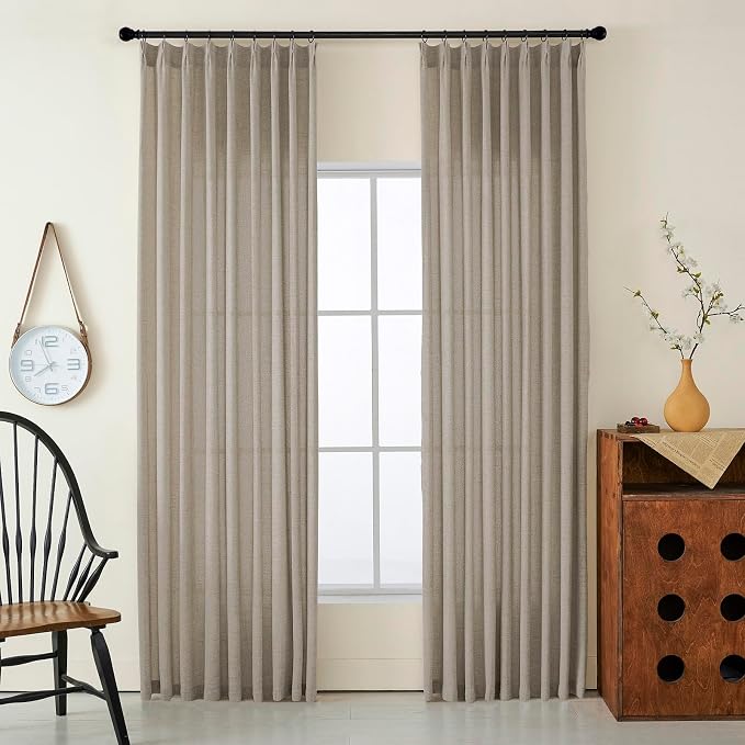 Dark Taupe Semi Sheer Pinch Pleated Curtains for Sliding Glass Doors, Thick Linen Light Filtering Curtains & Drapes 96 Inches Long, Modern Farmhouse Floor to Ceiling Window Curtain Panels