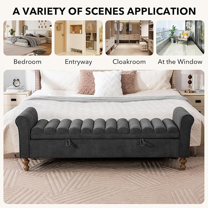 65" Oversize Storage Ottoman Bench, Fleece Upholstered End of Bed Benches with Rolled Armrest, Modern King Size Benches with Rolled Armrest, Window Bench (Charcoal +Single-Cover)