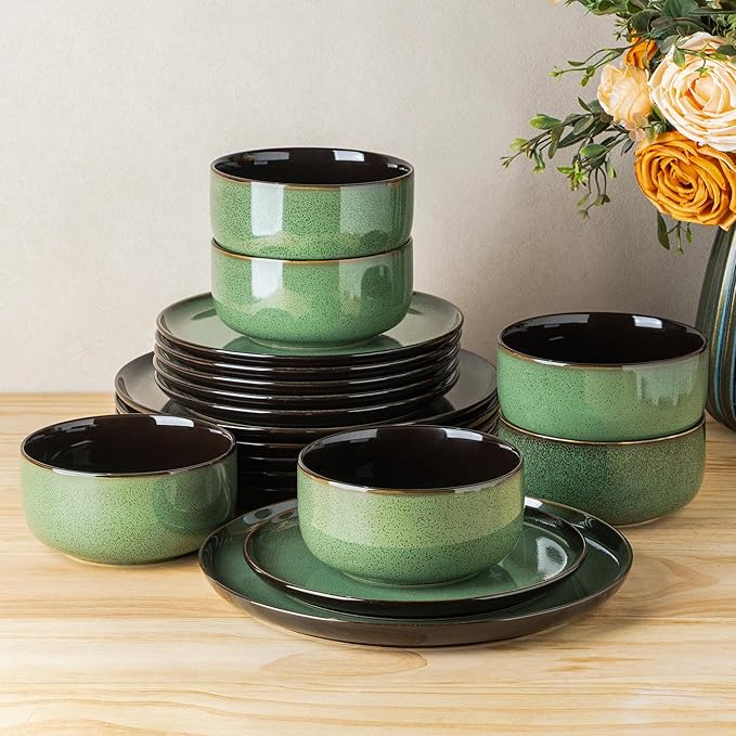 LeRatio Ceramic Dinnerware Sets for 6,Porcelain Plates and Bowls Sets,Handmade Reactive Glaze Dishes Set,Chip Resistant and Scratch Resistant | Oven&Dishwasher & Microwave Safe-Green(18PCS)
