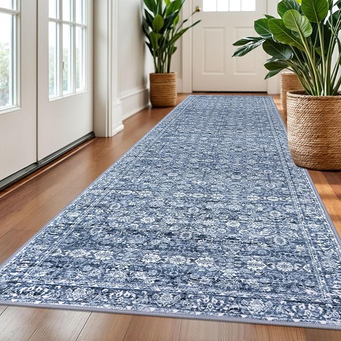 SIILOOM 3x10 Washable Runner Rug for Kitchen, Blue Soft Classic Runner with Non-Slip, Non-Shedding Distressed Floral Rug for Hallways Entryway Bedroom Bathroom Laundry Indoor