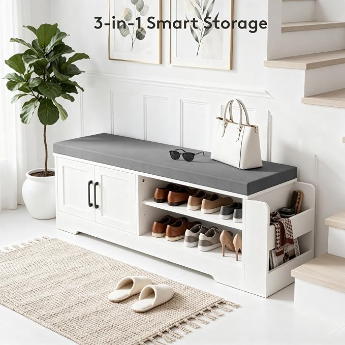 GRUSIGN 47.3" Shoe Storage Bench with Cushion, Entryway Shoe Cabinet, White | 3-in-1 Shoe Storage Bench, 47.3", Adjustable Shelves, Removable Cushion, 300 lbs Capacity, Entryway, Apartment, Families