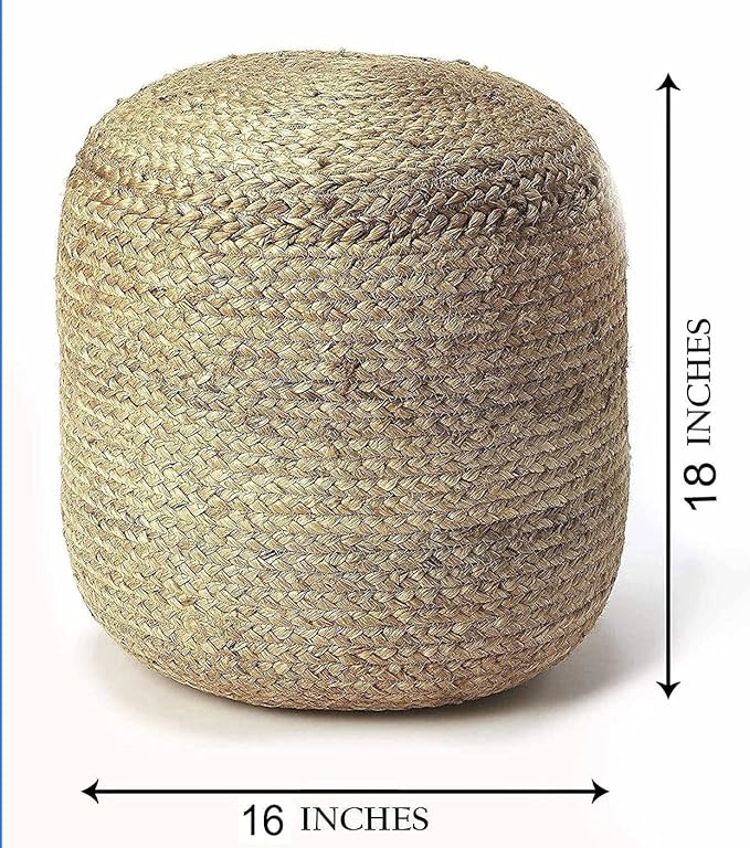 100% Natural Jute Pouf Handmade Braided Ottoman - Farmhouse Rustic Accent Furniture - Footrest Round Bean Bag - for Living Room Bedroom Kids Room (Natural, 16" x 16" x 18")
