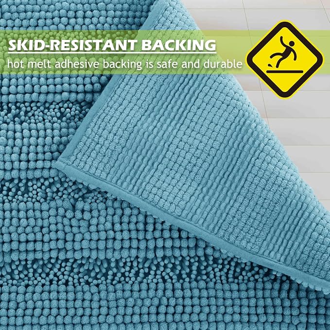 KGORGE Machine Washable Shower Rugs - Water Absorbent Non Slip Soft Quick Dry Shaggy Microfiber Small Bath Mats for Kitchen Floor Tub Shower Entryway, Bluish Green, 47" W x 17" L, 1Pc