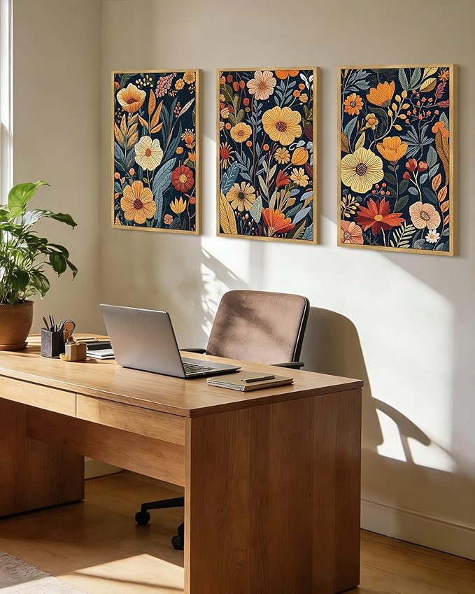 PHOPAGO Vintage Flower Framed Wall Art Large 16x24in Boho Colorful Floral Wall Decor Retro Botanical Wildflower Modern Art Prints Living Room Bedroom Home Decor - Natural Framed